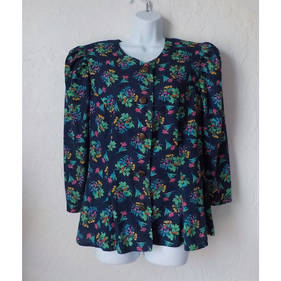 VTG RGY Blue Floral Blouse Button Up Size 14 Peplum Hem Puff Sleeve Prairie 90s - Picture 1 of 10